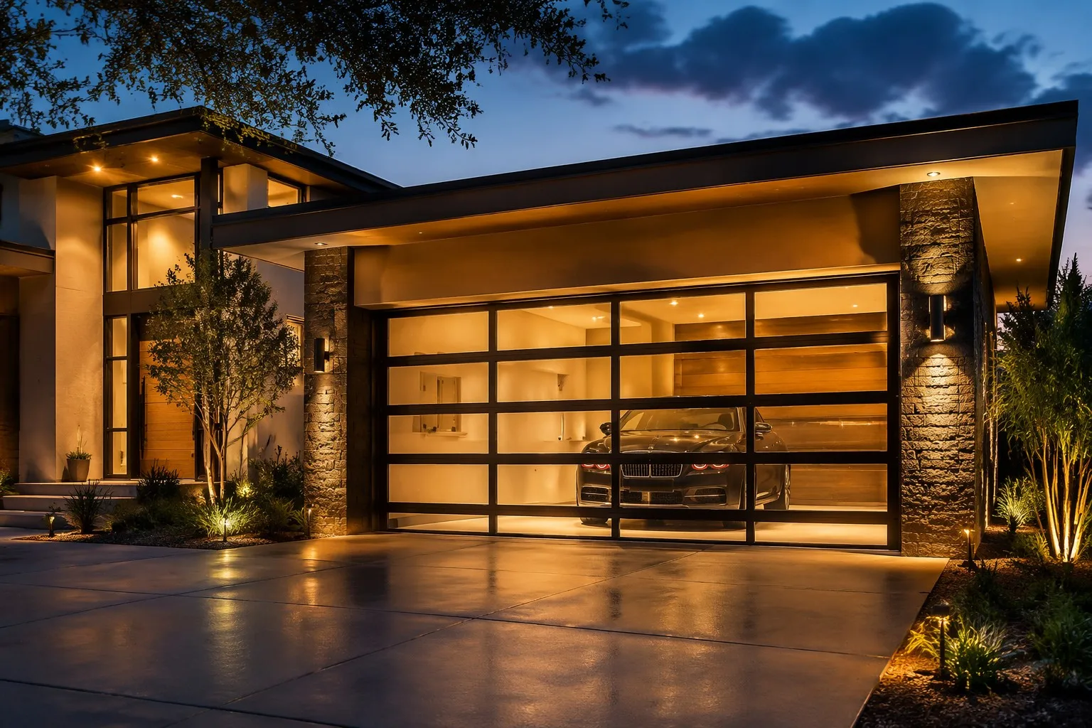 Luxury modern villa with aluminum glass garage door and high-end car
