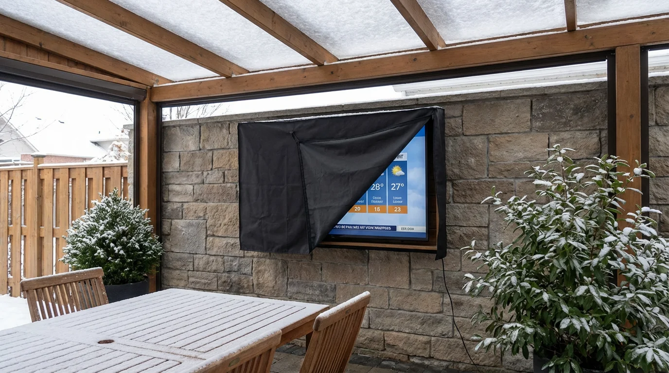 Outdoor TV with breathable weatherproof cover installed for winter protection