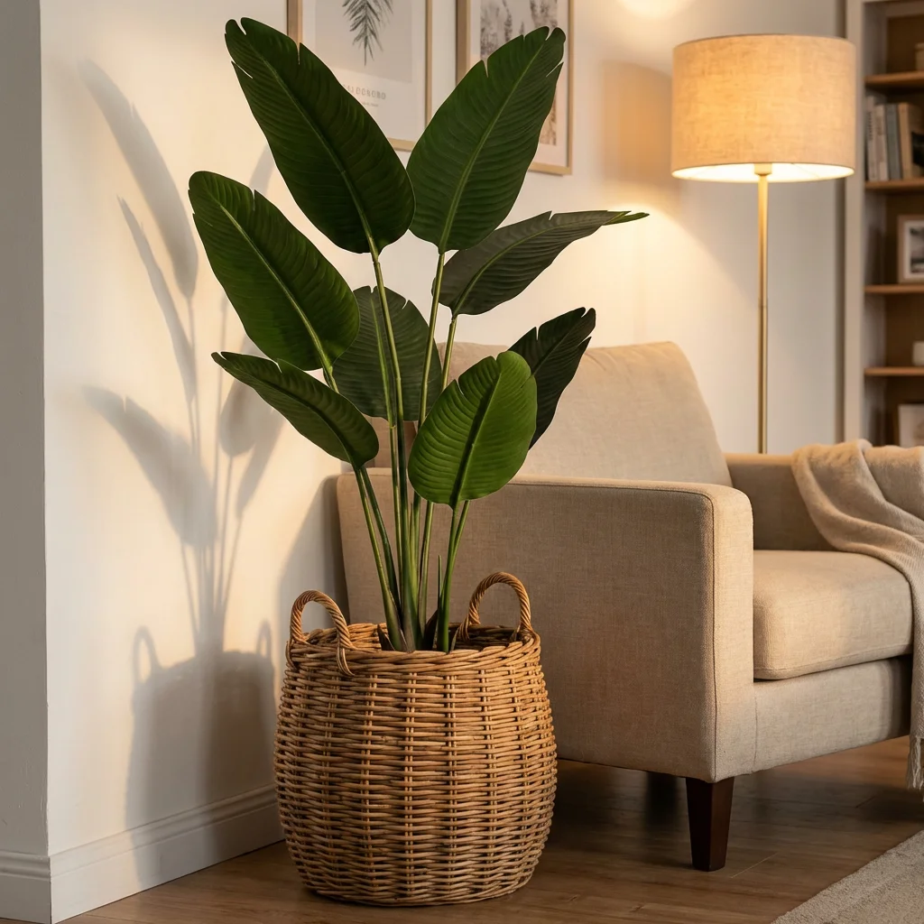 artificial bird of paradise plant in living room corner bohemian decor wicker basket