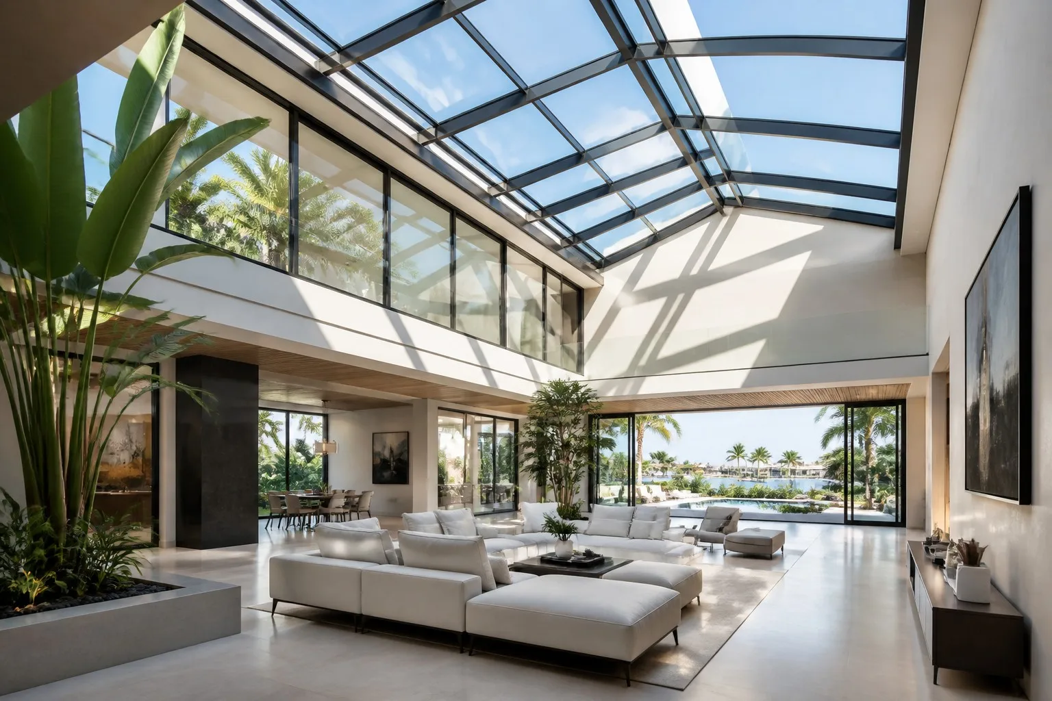 Luxury villa interior with overhead aluminum glass skylight natural daylight tropical plants