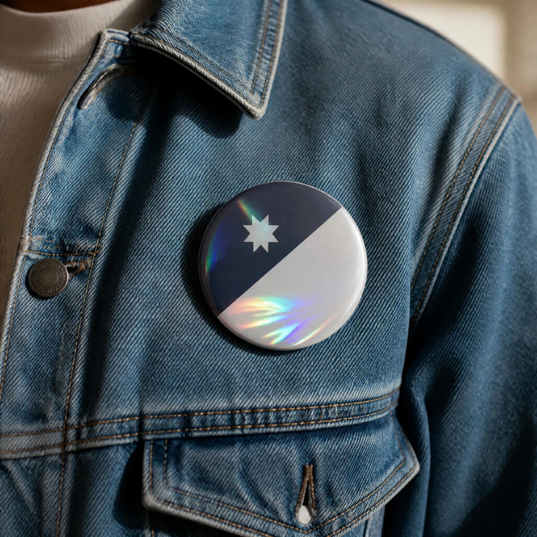 Holographic pin back button badge worn on denim jacket