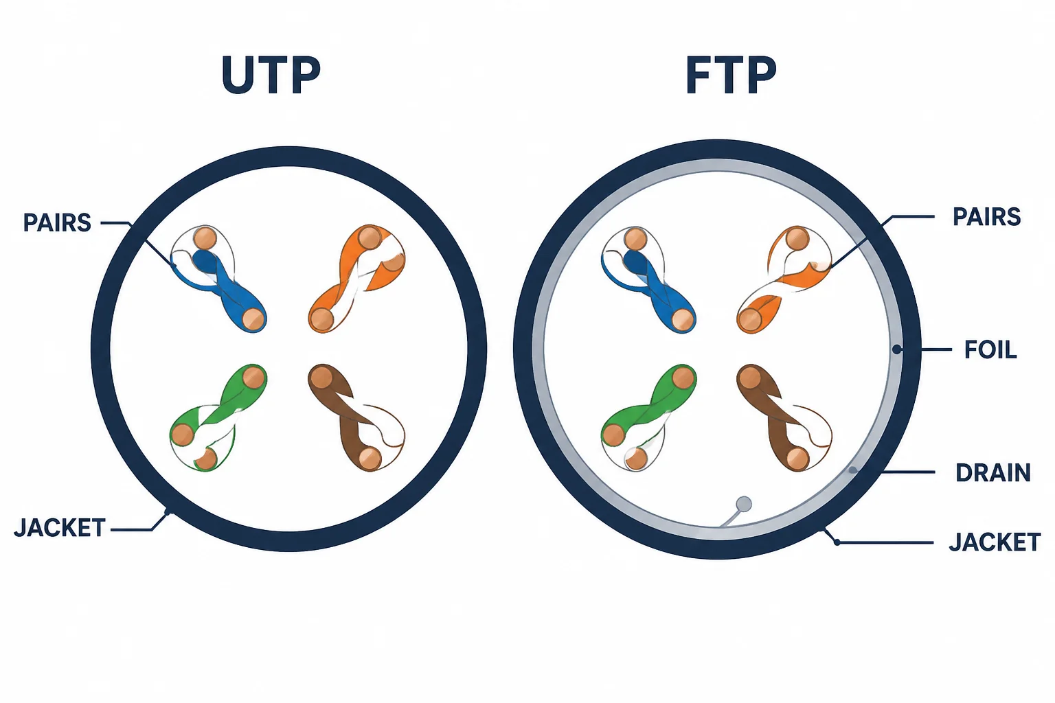 Cross-section comparison of UTP and FTP ethernet cable constructions