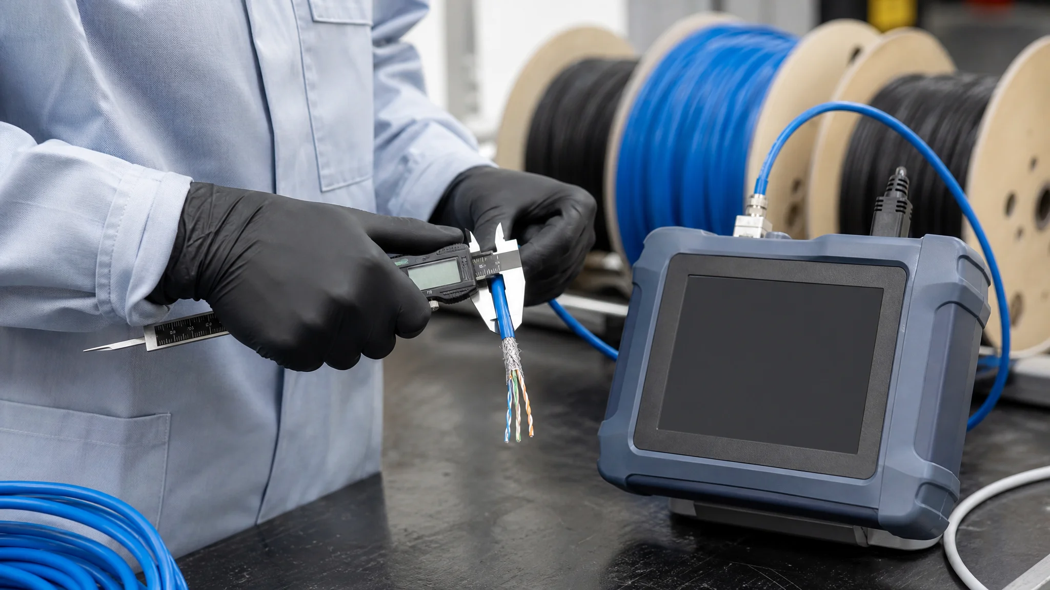 Inspector measuring Cat6A jacket diameter with a digital caliper in a cable plant