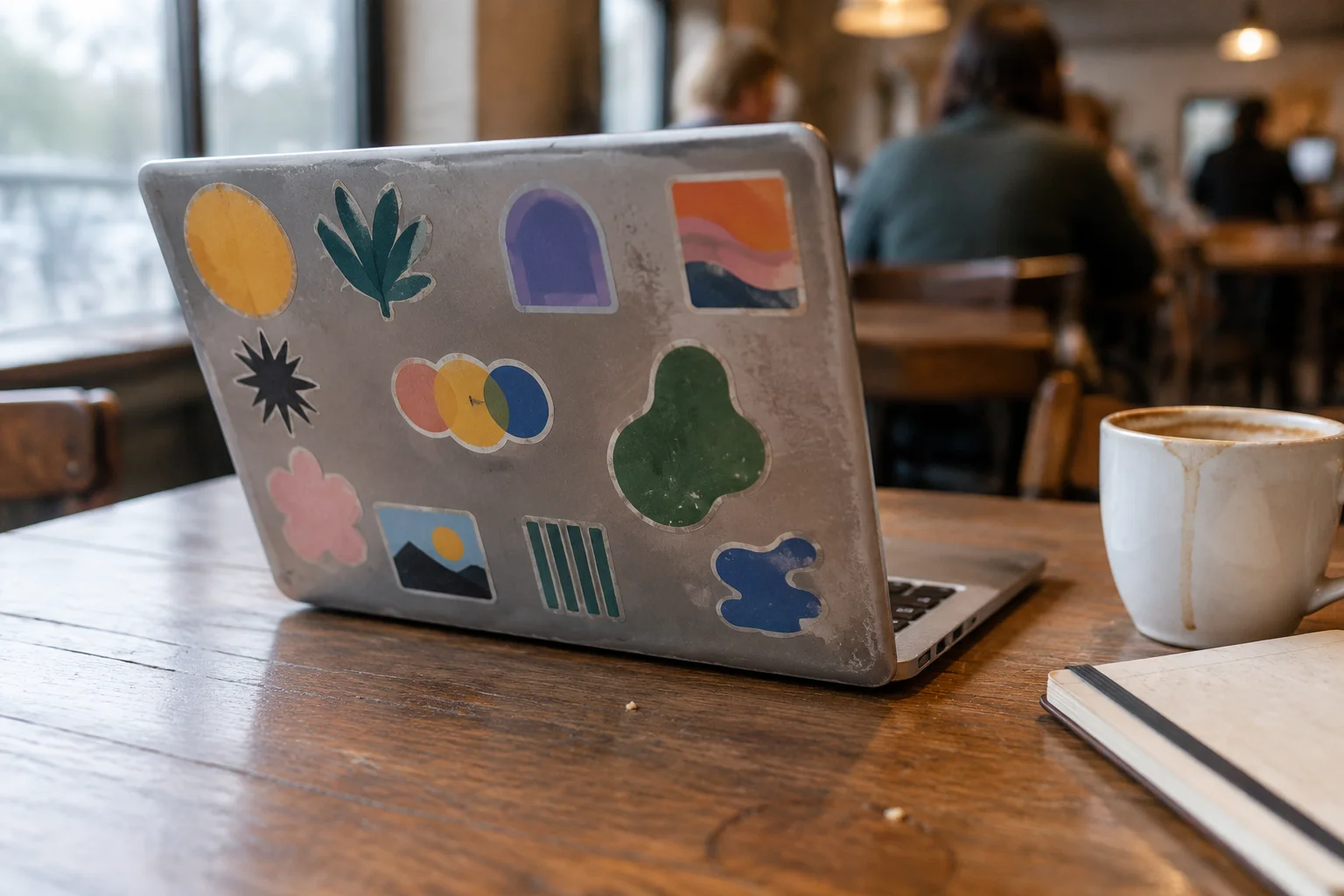 Laptop lid covered in assorted stickers on a cafe table