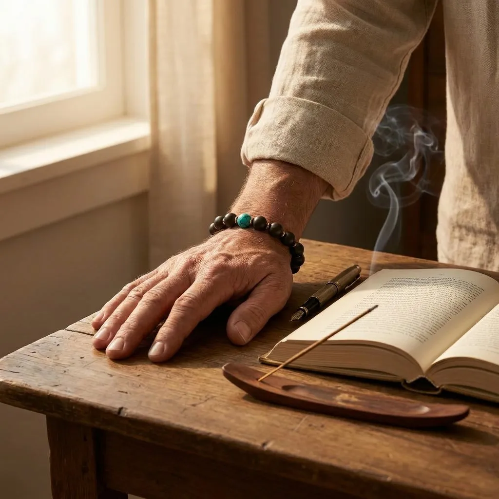 Violet Ease bracelet at the desk
