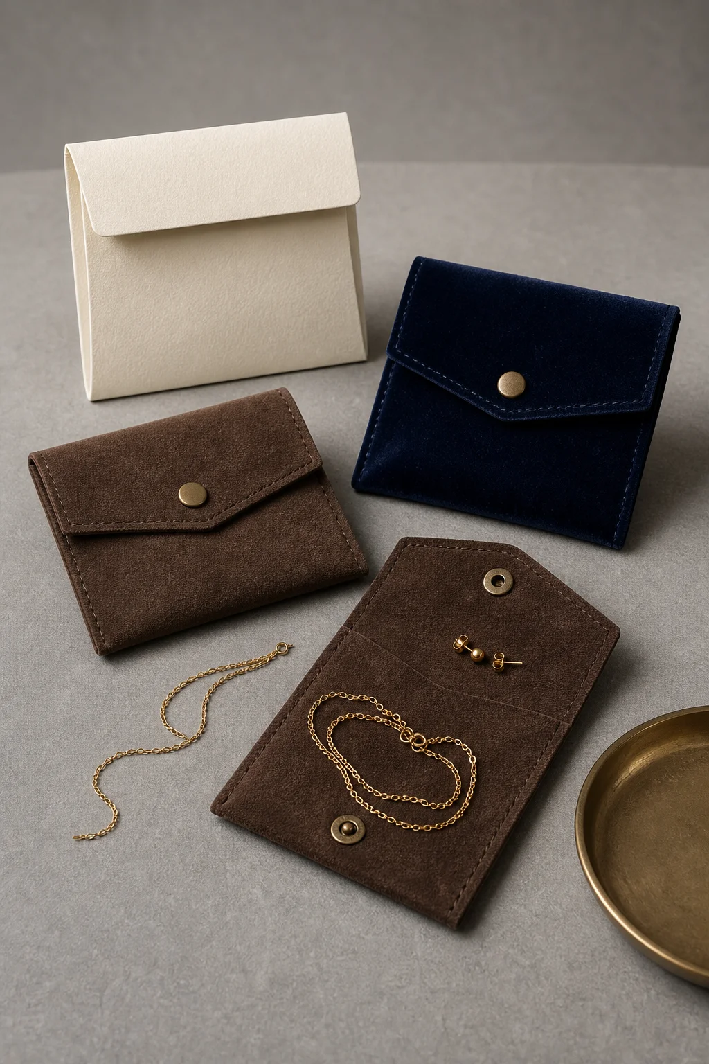 Envelope jewelry packaging: a closed chocolate brown suede envelope pouch with a brass snap, a navy velvet envelope pouch with a fold-over flap, a cream paper envelope sleeve standing open, and a brown suede envelope pouch opened flat holding a gold chain necklace and stud earrings