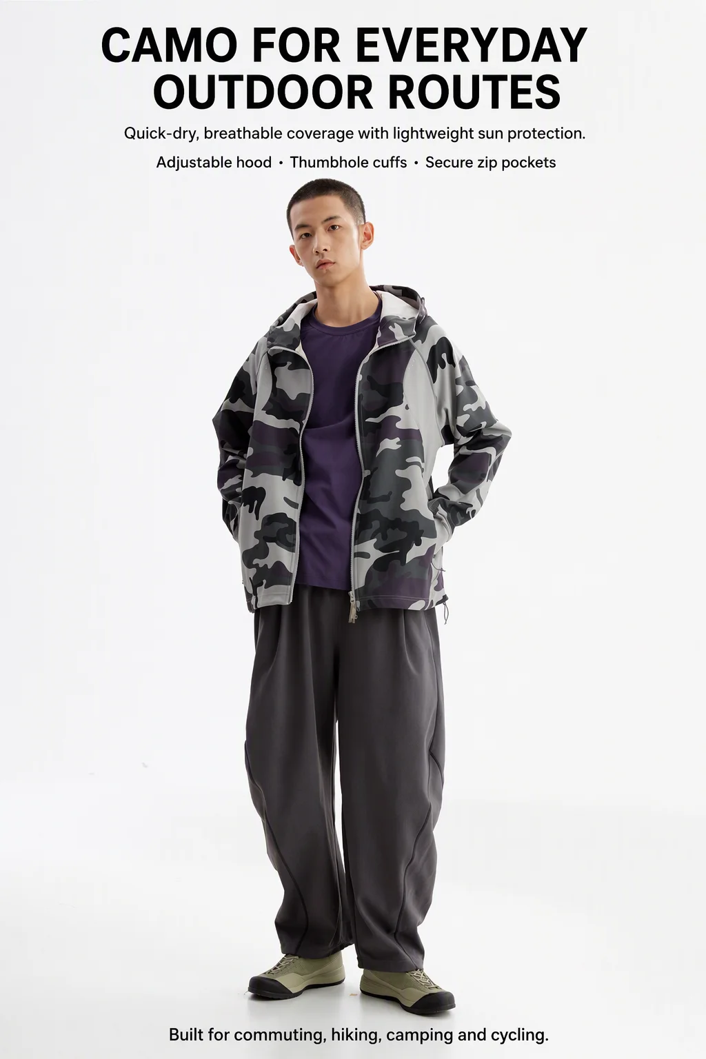 LKB-99035 camouflage hooded jacket outdoor scene