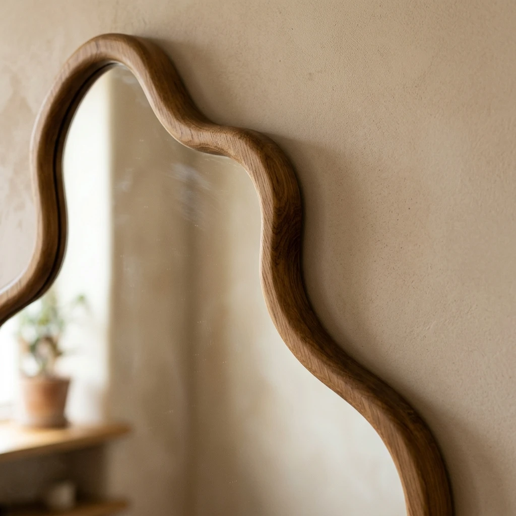 Gros plan sur les bords ondulés et organiques d'un miroir décoratif Ambre & Volute