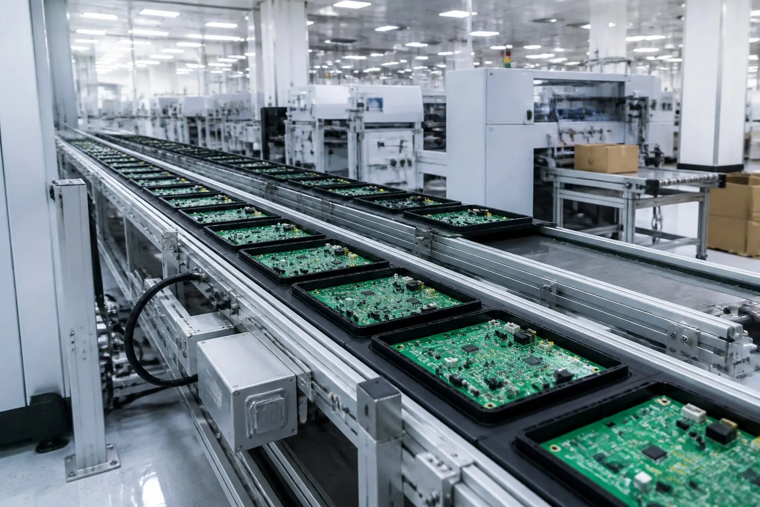 High-volume line carrying finished PCBA boards in trays toward packaging