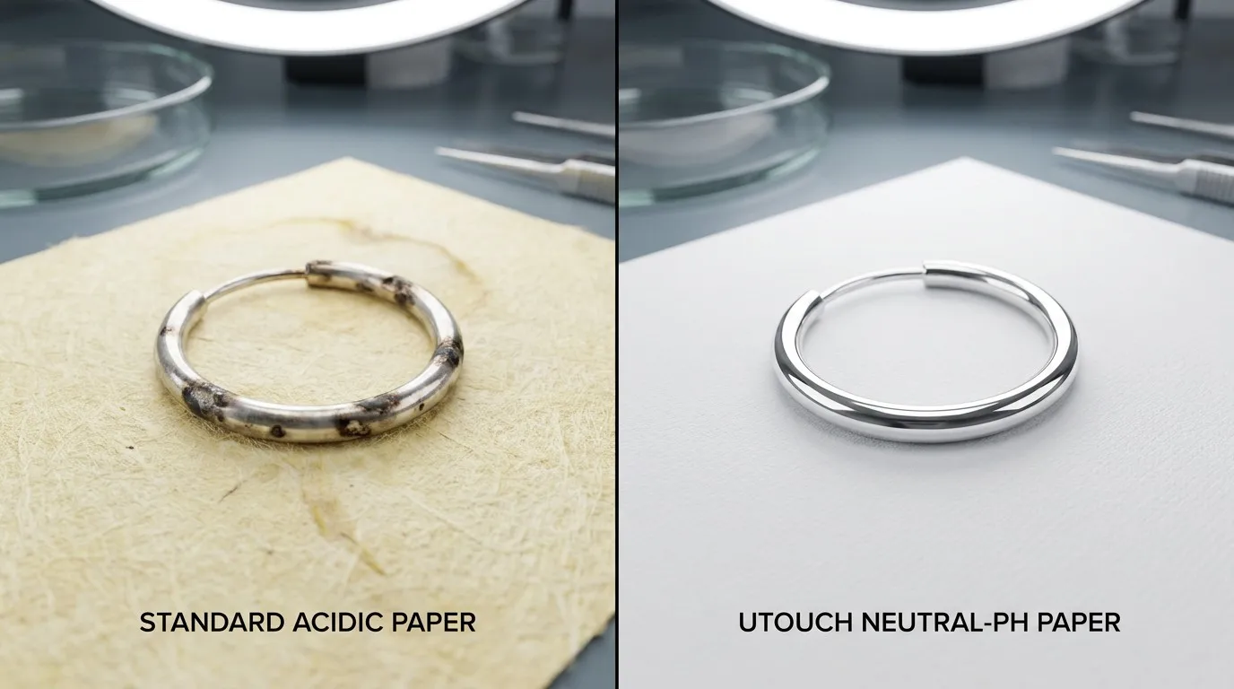 Macro comparison of tarnish on silver in standard paper versus tarnish-safe neutral-pH paper.