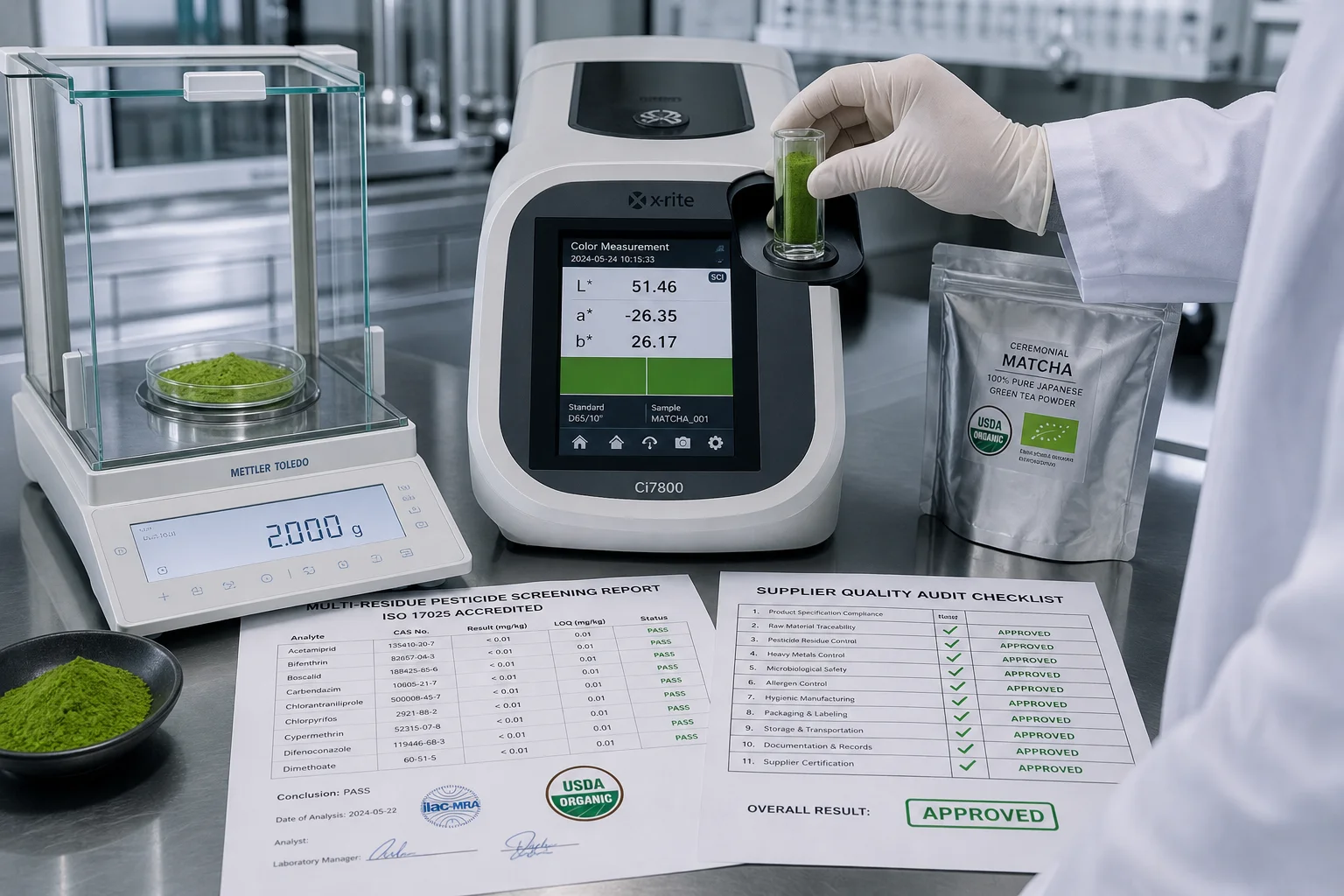 Laboratory quality control analysis showing HunterLab spectrophotometer color testing and approved supplier audit checklist