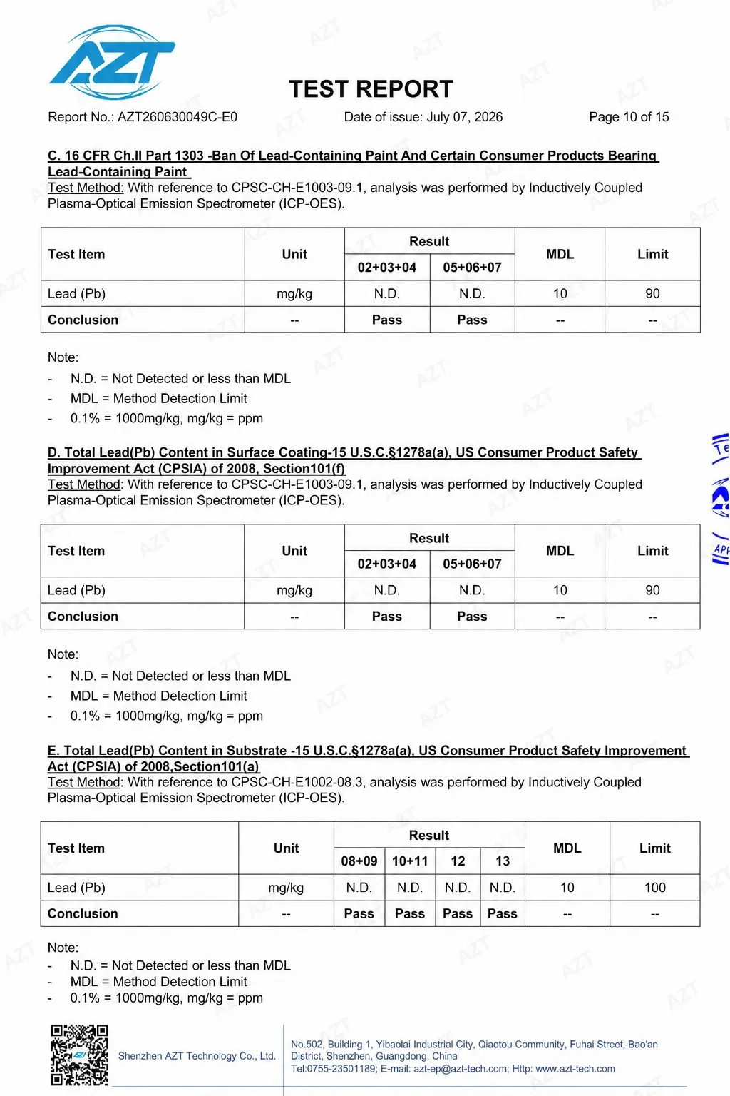 CPSIA lead content test results - N.D. for surface coating and substrate, Pass
