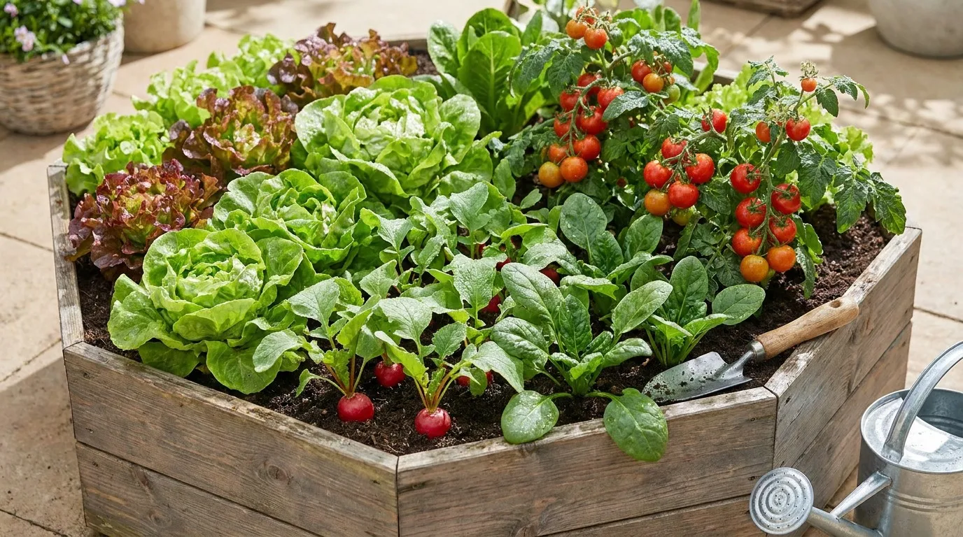 Compact salad garden with lettuce, radishes and spinach in a raised bed