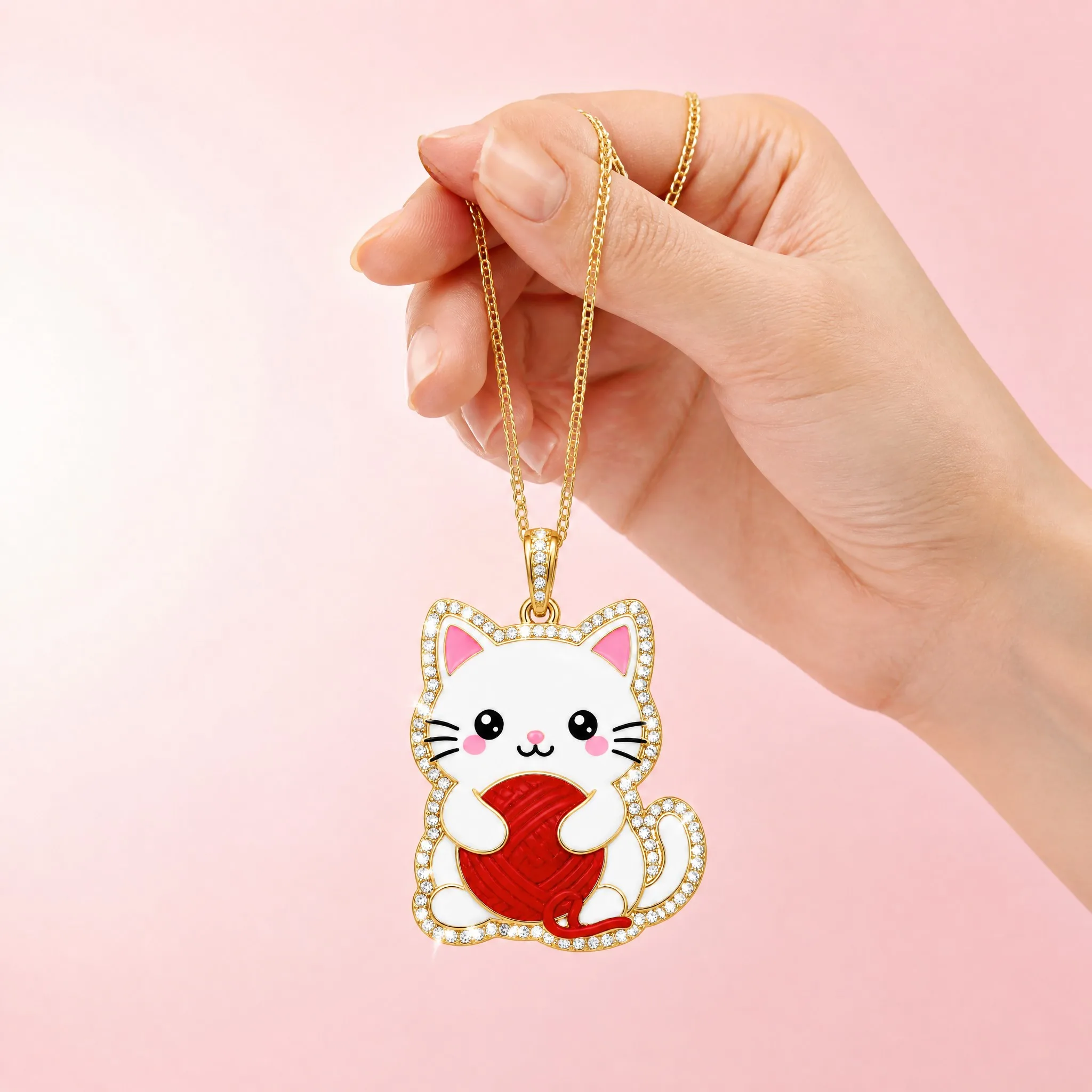 Hand holding the cat pendant necklace with pink background
