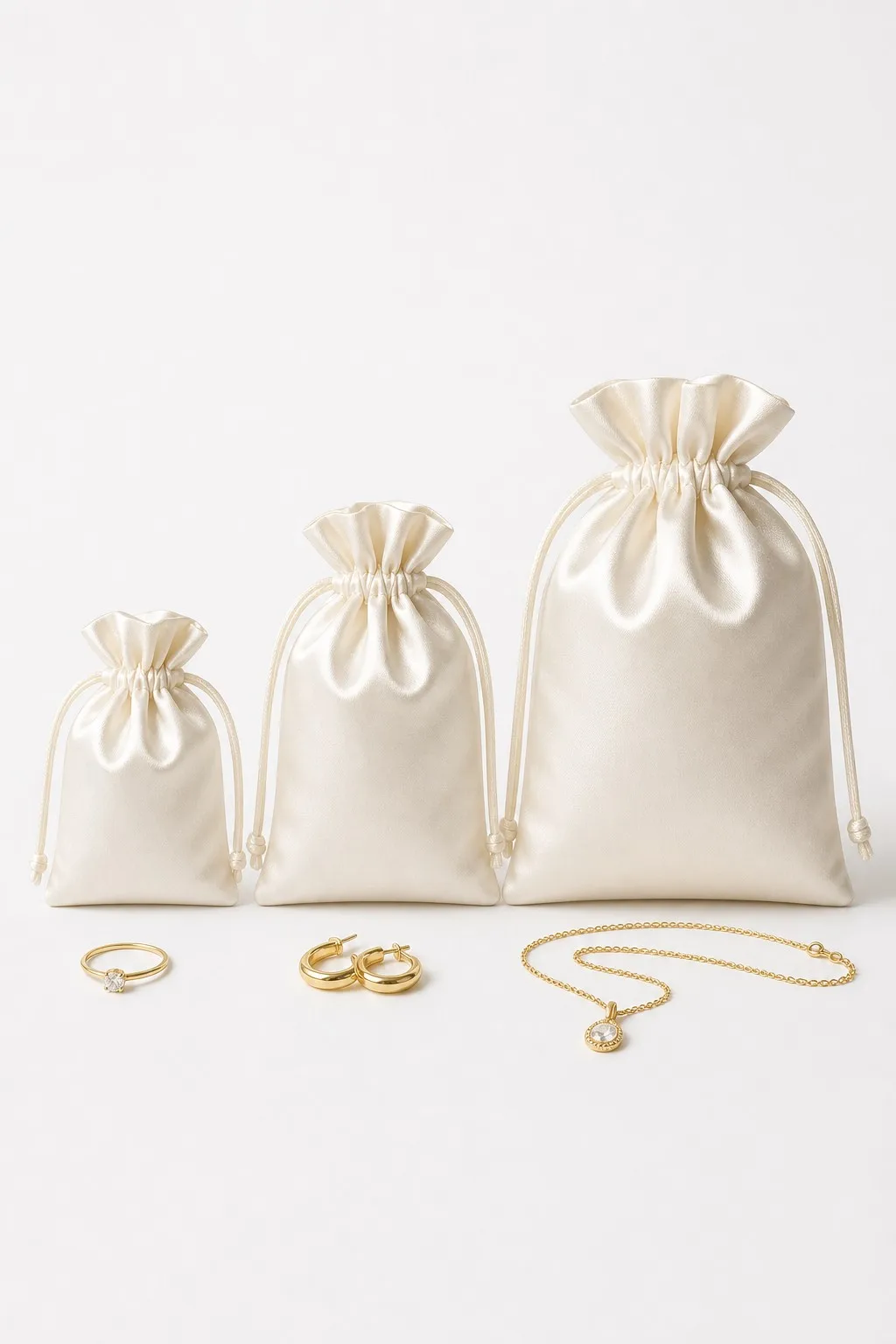 Three satin drawstring dust bags in small, medium, and large sizes with a ring, earrings, and a necklace beside them