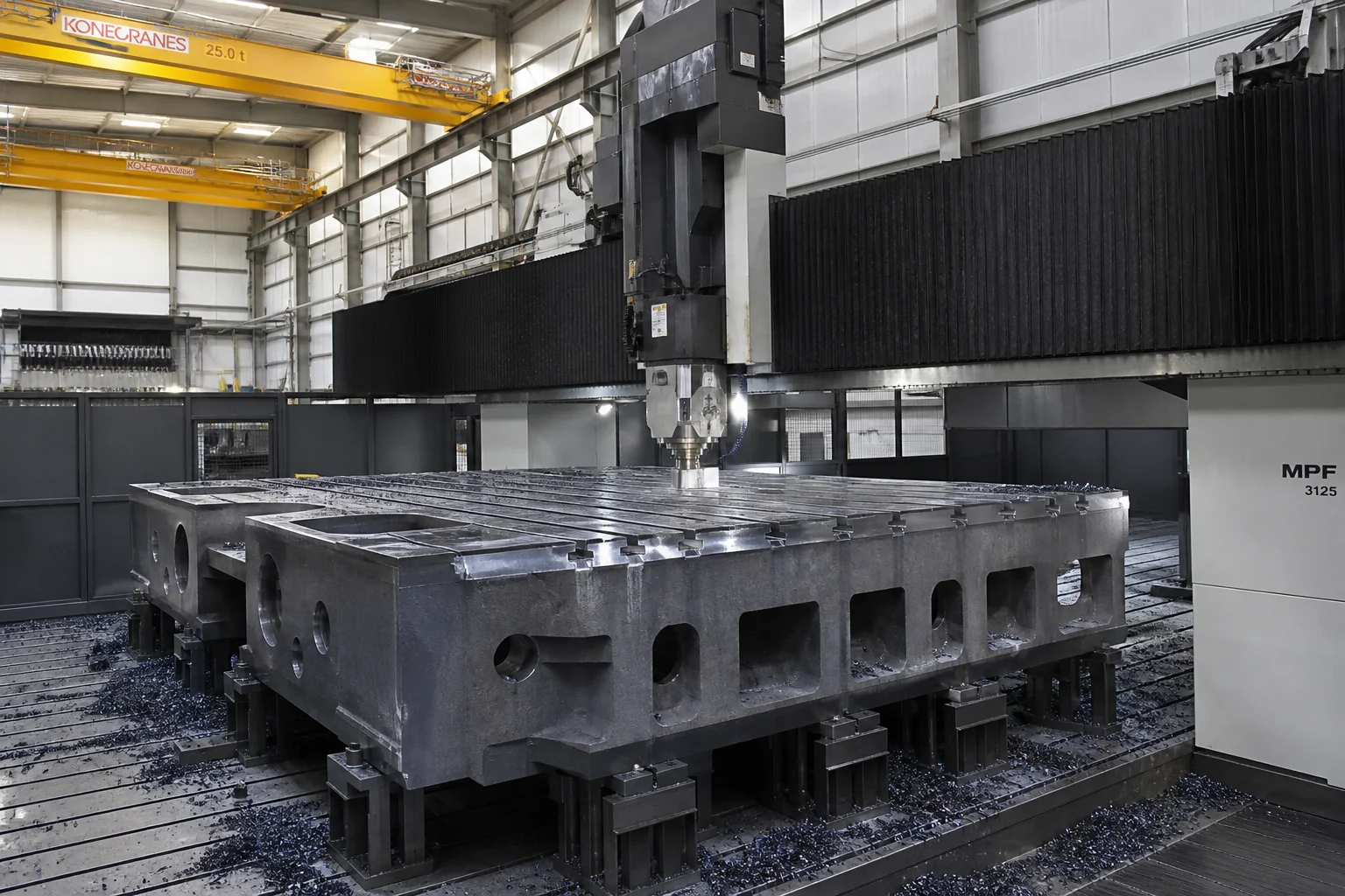 Massive 20-ton cast steel upper moving platen for heavy forging press on CNC gantry milling center