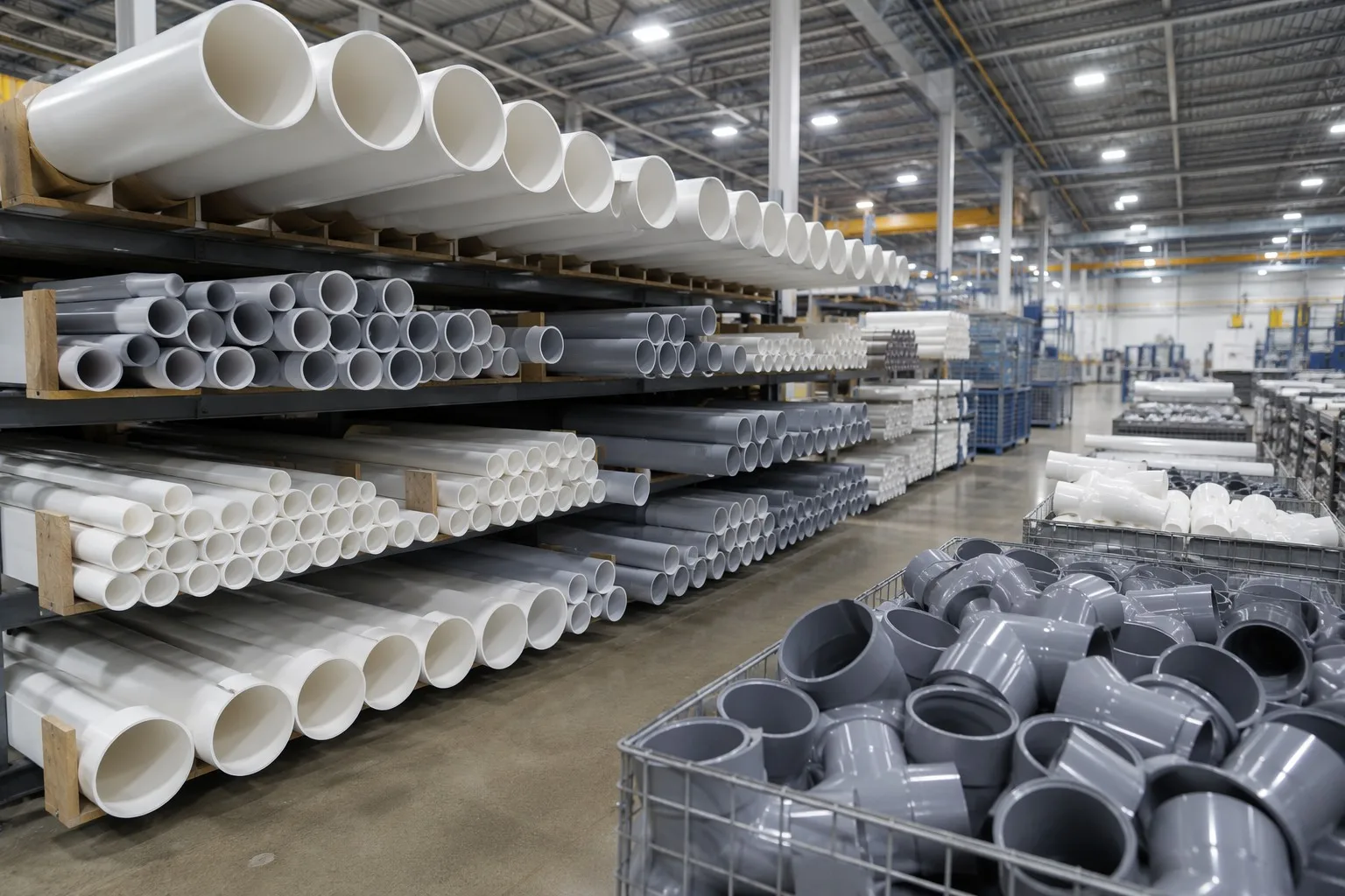 Rigid PVC pipes and fittings in industrial warehouse