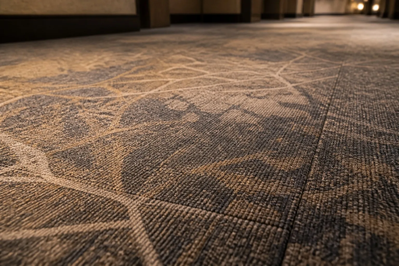 Close-up of patterned hotel corridor carpet texture for stain concealment review