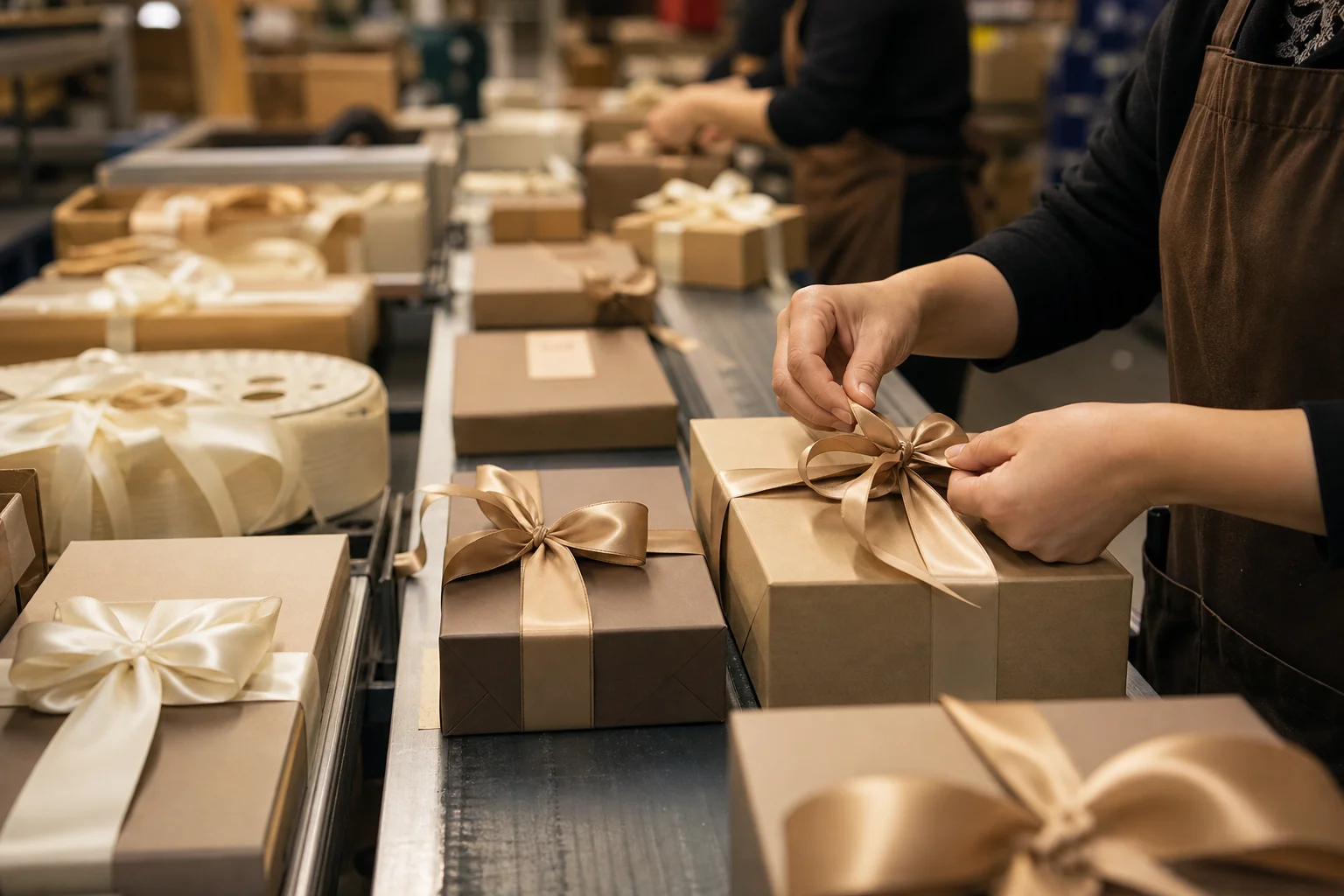 Gift boxes being tied with satin ribbon on packaging line, worker hands, warm workshop lighting