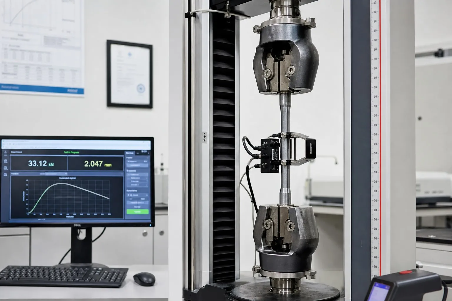 Tensile testing machine performing mechanical test on metal specimen