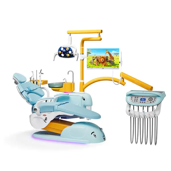 Child-friendly pediatric dental chair with animal-themed upholstery, overhead dental light, monitor, and integrated instrument console