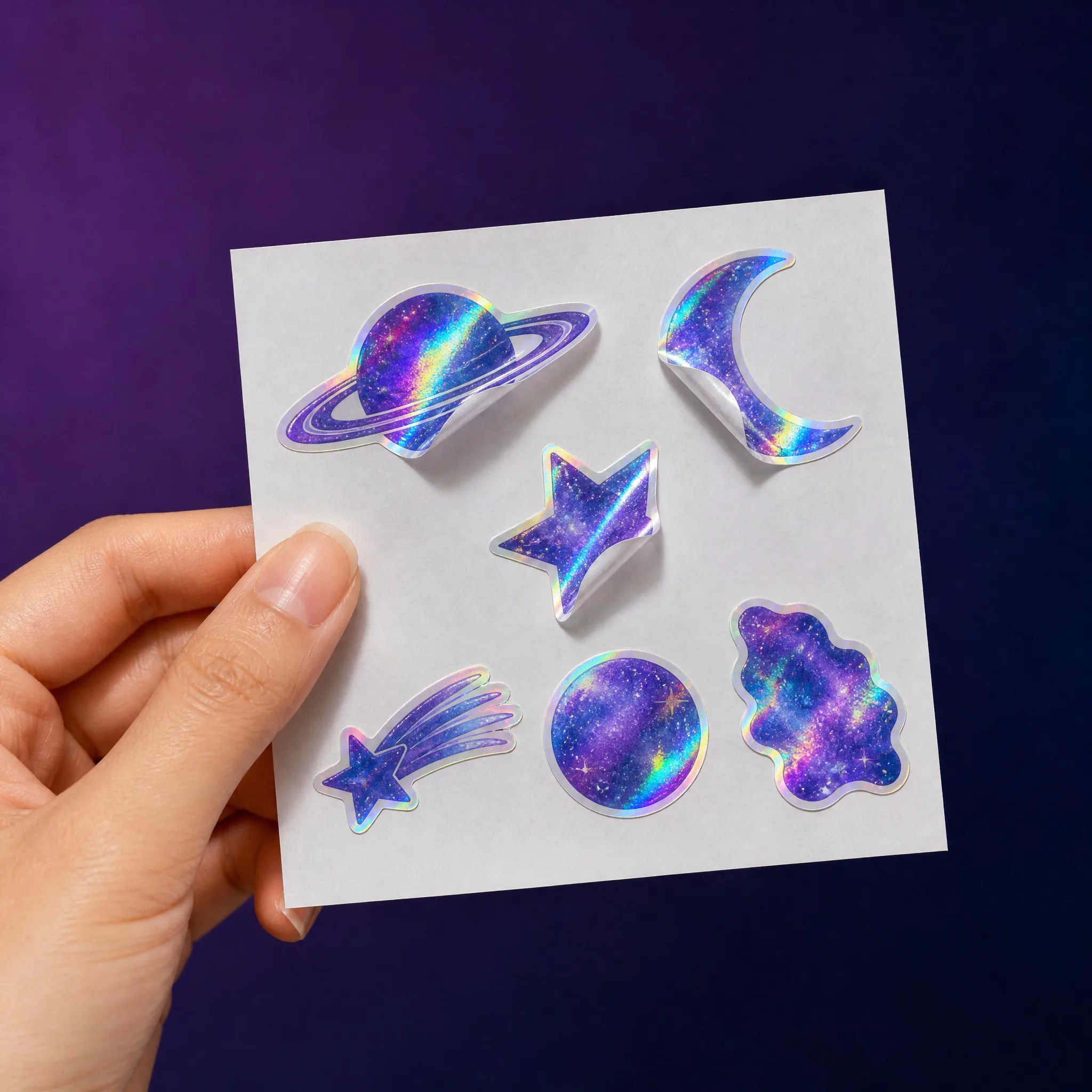 Hand peeling a holographic sticker from the backing sheet