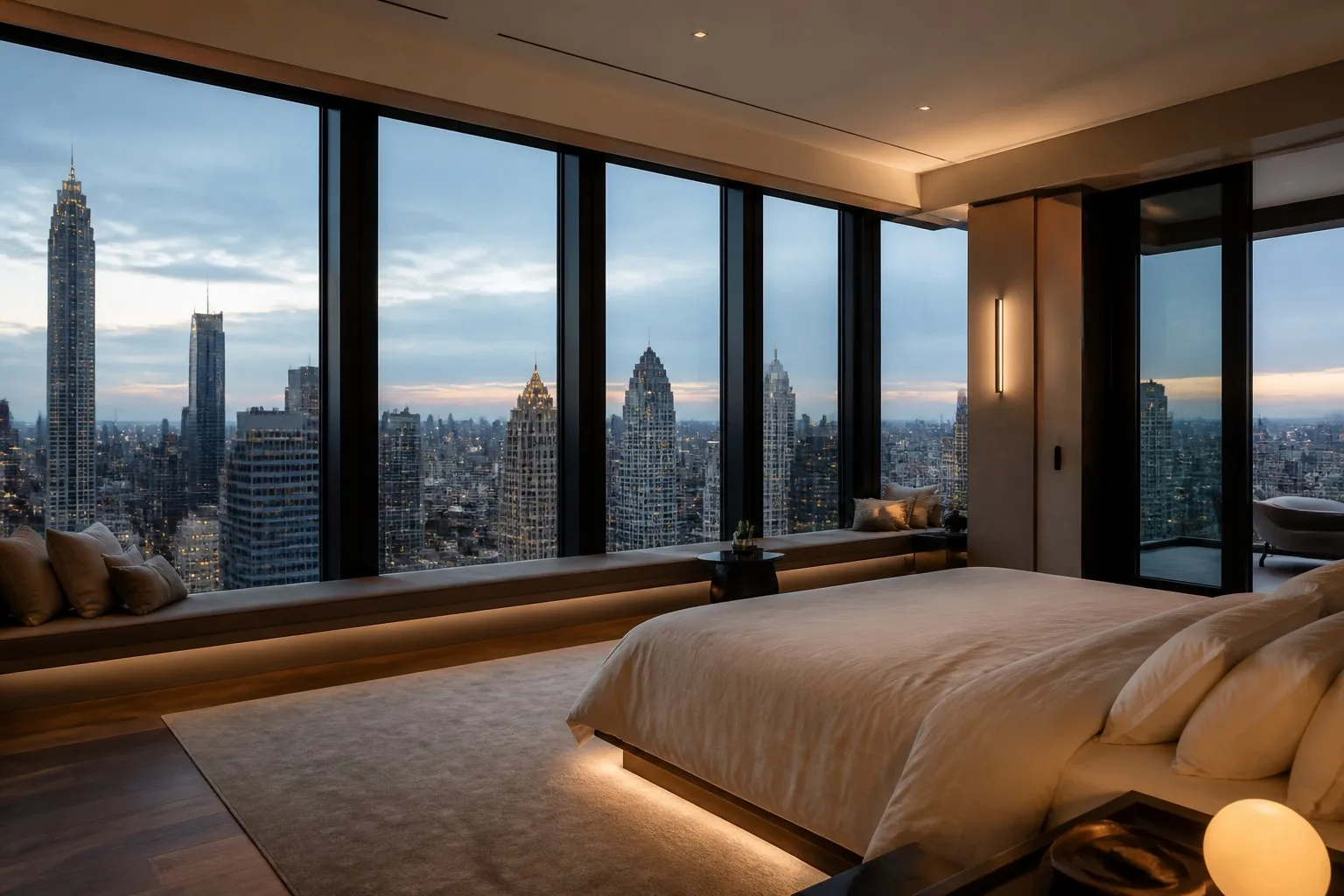 Quiet luxury penthouse bedroom with soundproof aluminum windows overlooking busy city skyline