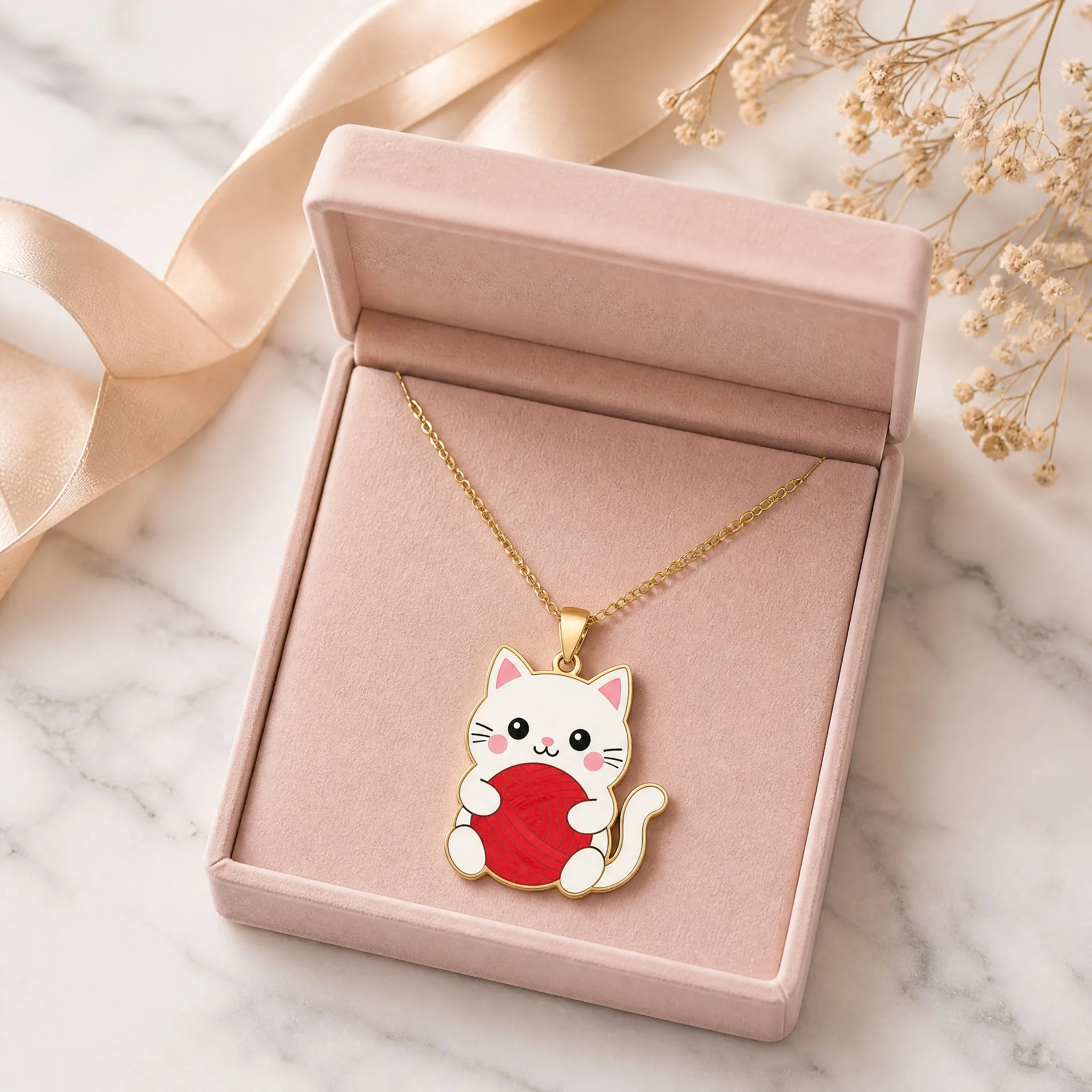 Cat pendant necklace in blush pink velvet gift box with ribbon on marble