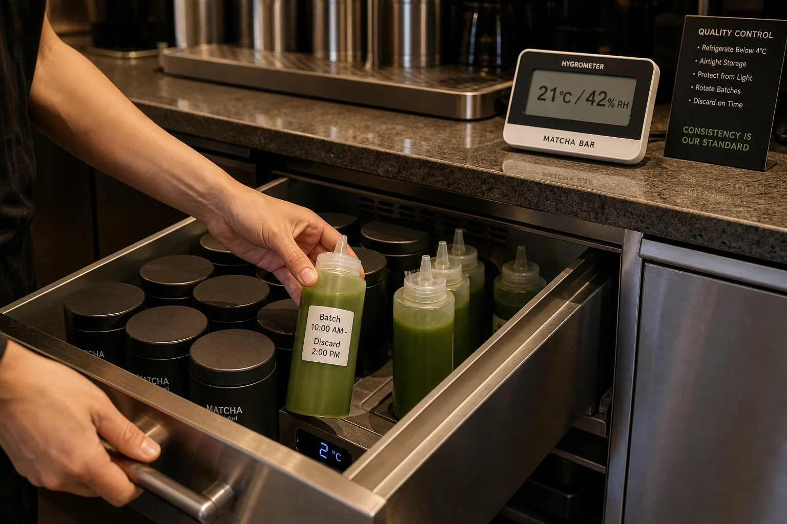 Barista pulling out under-counter refrigerated drawer with opaque airtight matcha canisters and 4-hour labeled squeeze bottles