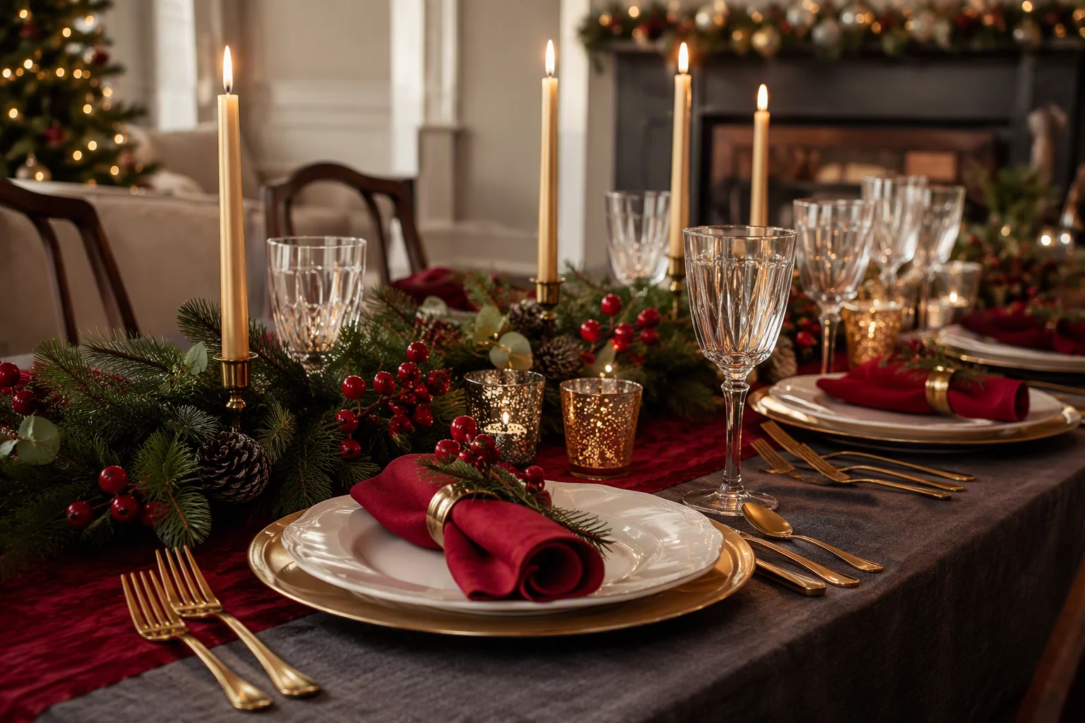Festive year-end holiday tablescape with gold charger plates and candlelight