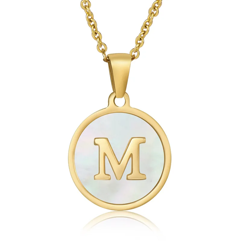 

18K Gold Plated Stainless Steel Geometric Round White Shell English Letter Initial Pendants Necklace For Women Jewelry