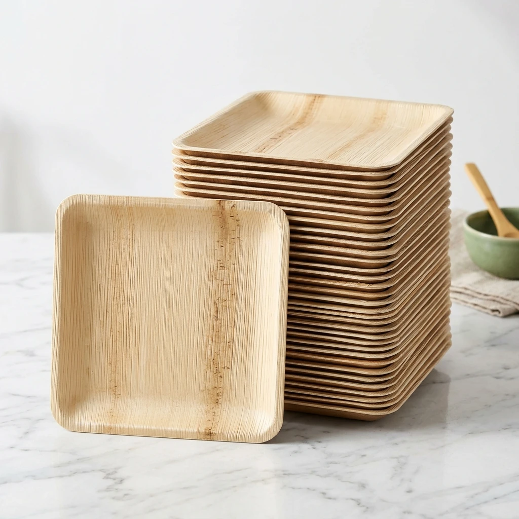 Disposable bamboo dinner plates square stacked on marble surface with single plate beside stack