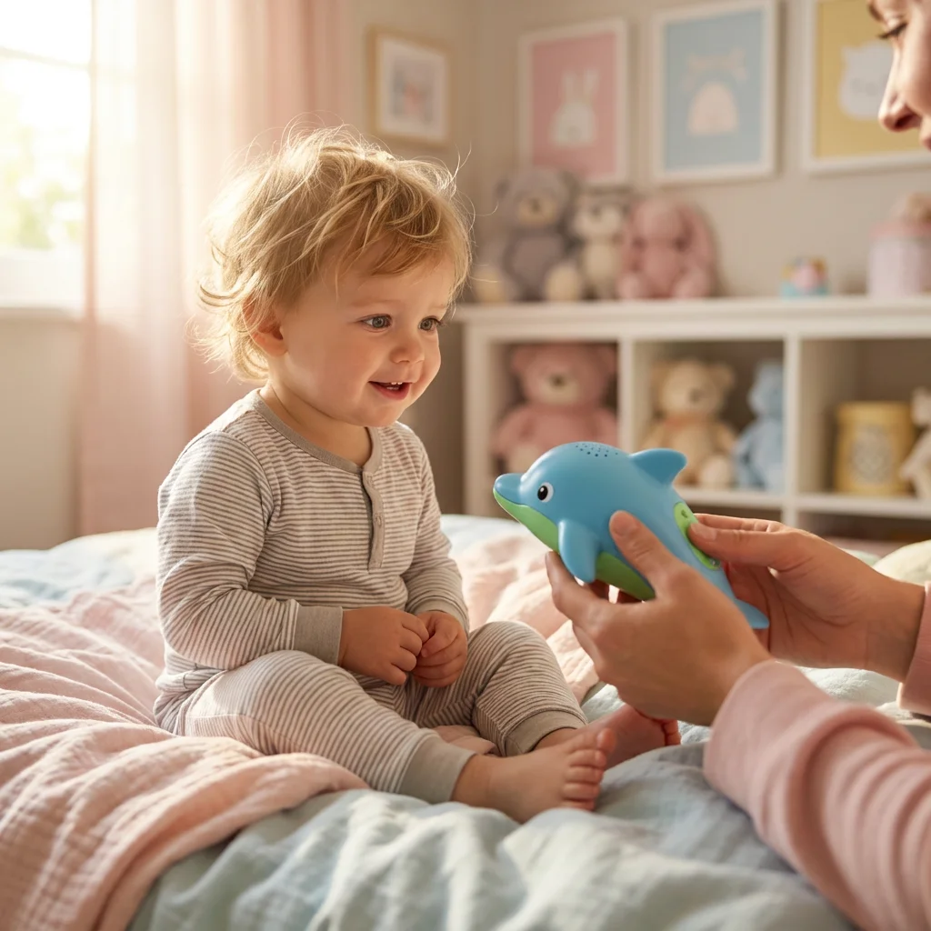 Toddler looking at a dolphin nasal aspirator
