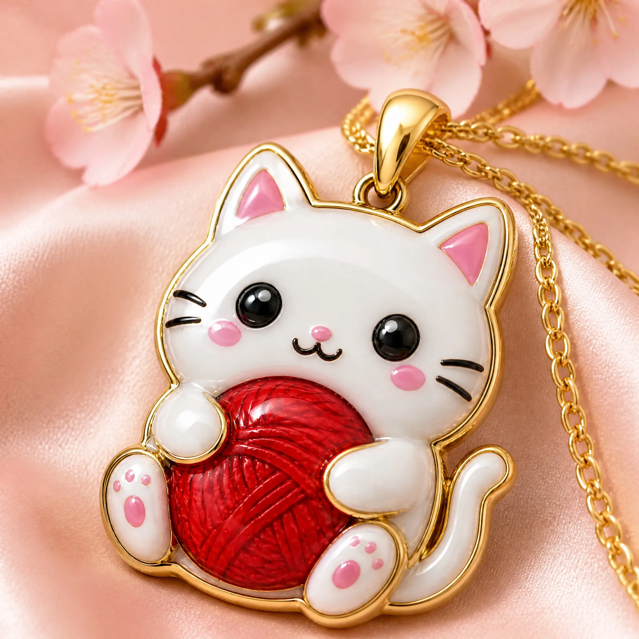 Close-up of epoxy cat pendant detail, domed resin and gold outline on pink satin
