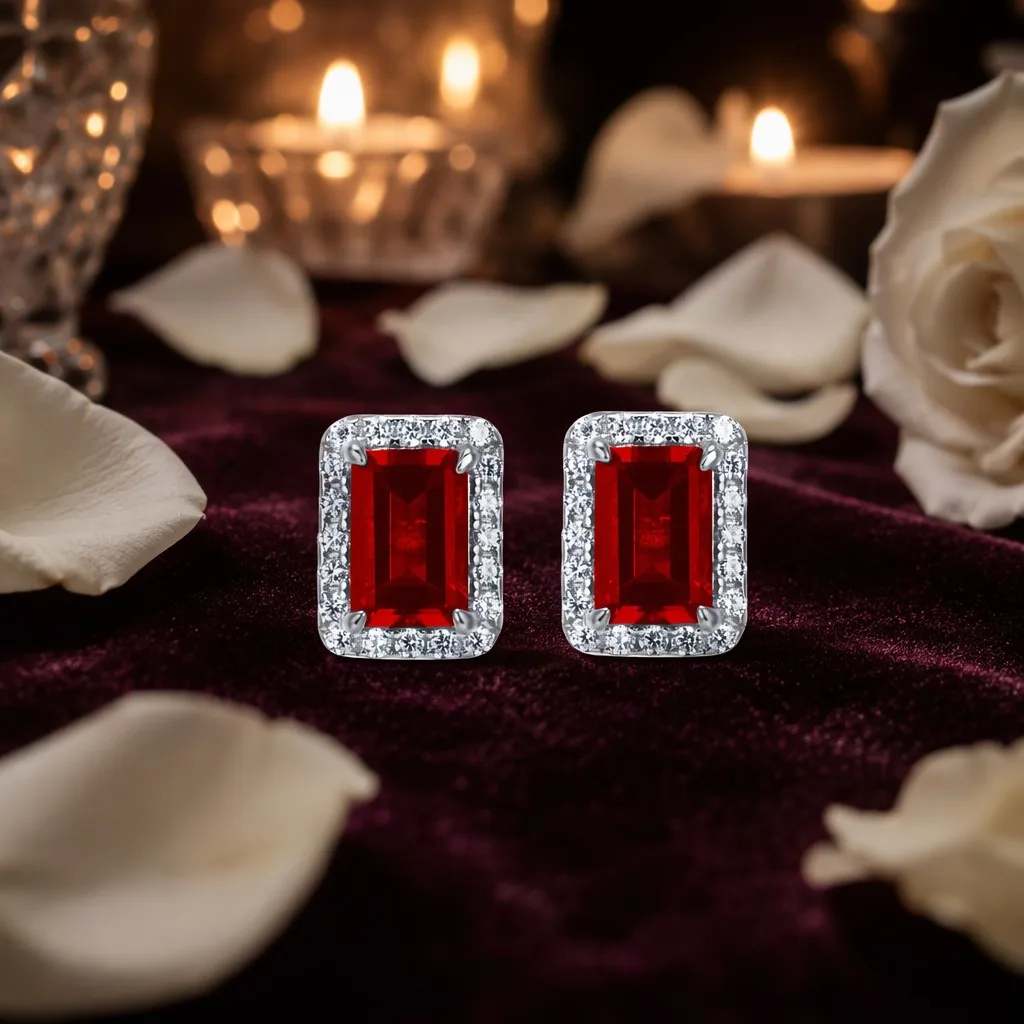Red Emerald Cut Silver 925 Stud Earrings Halo Claw Setting Fine Jewelry for Women Engagement Gift Party Wedding