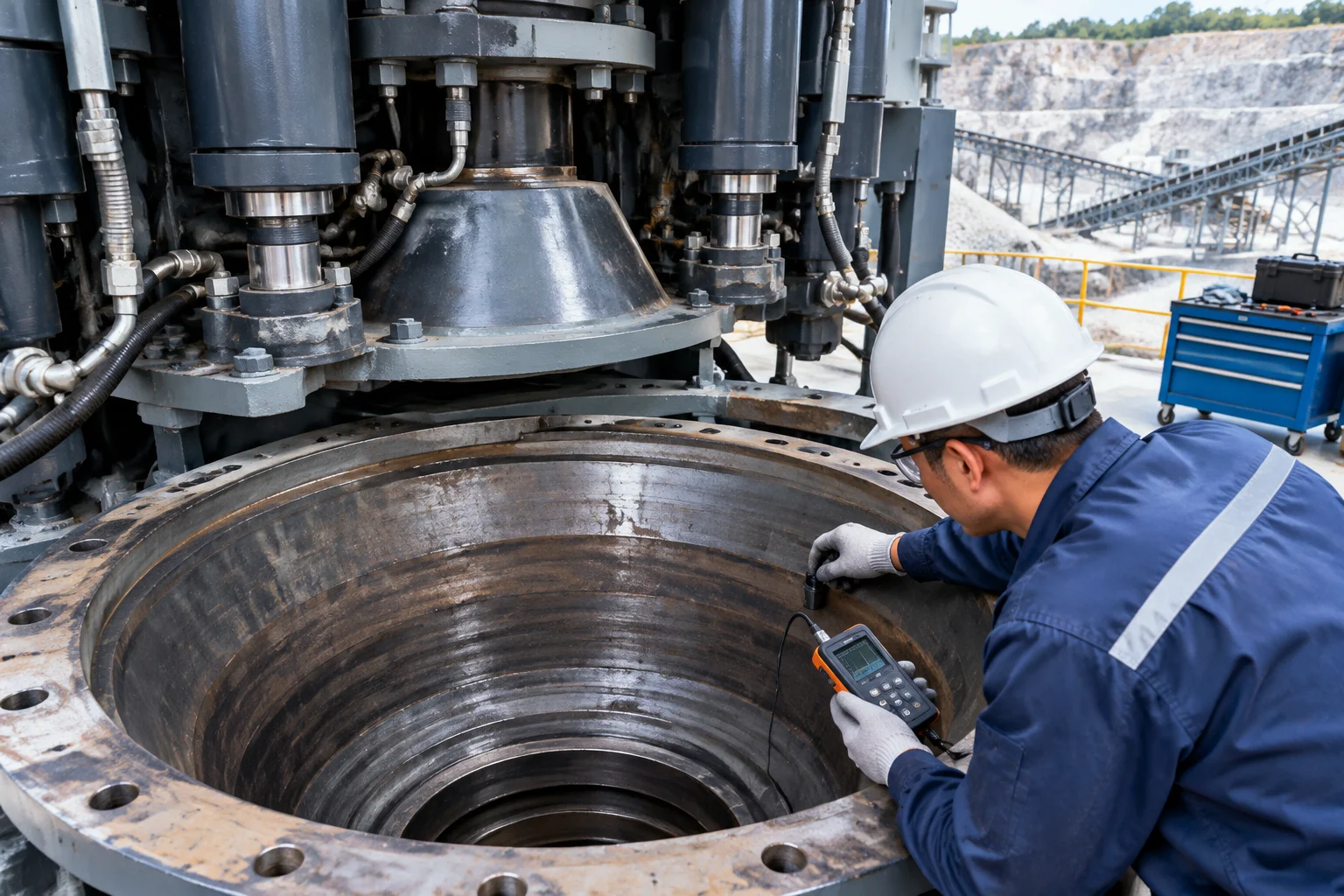 Multi cylinder hydraulic cone crusher crushing cavity mantle concave inspection Sanming Machinery