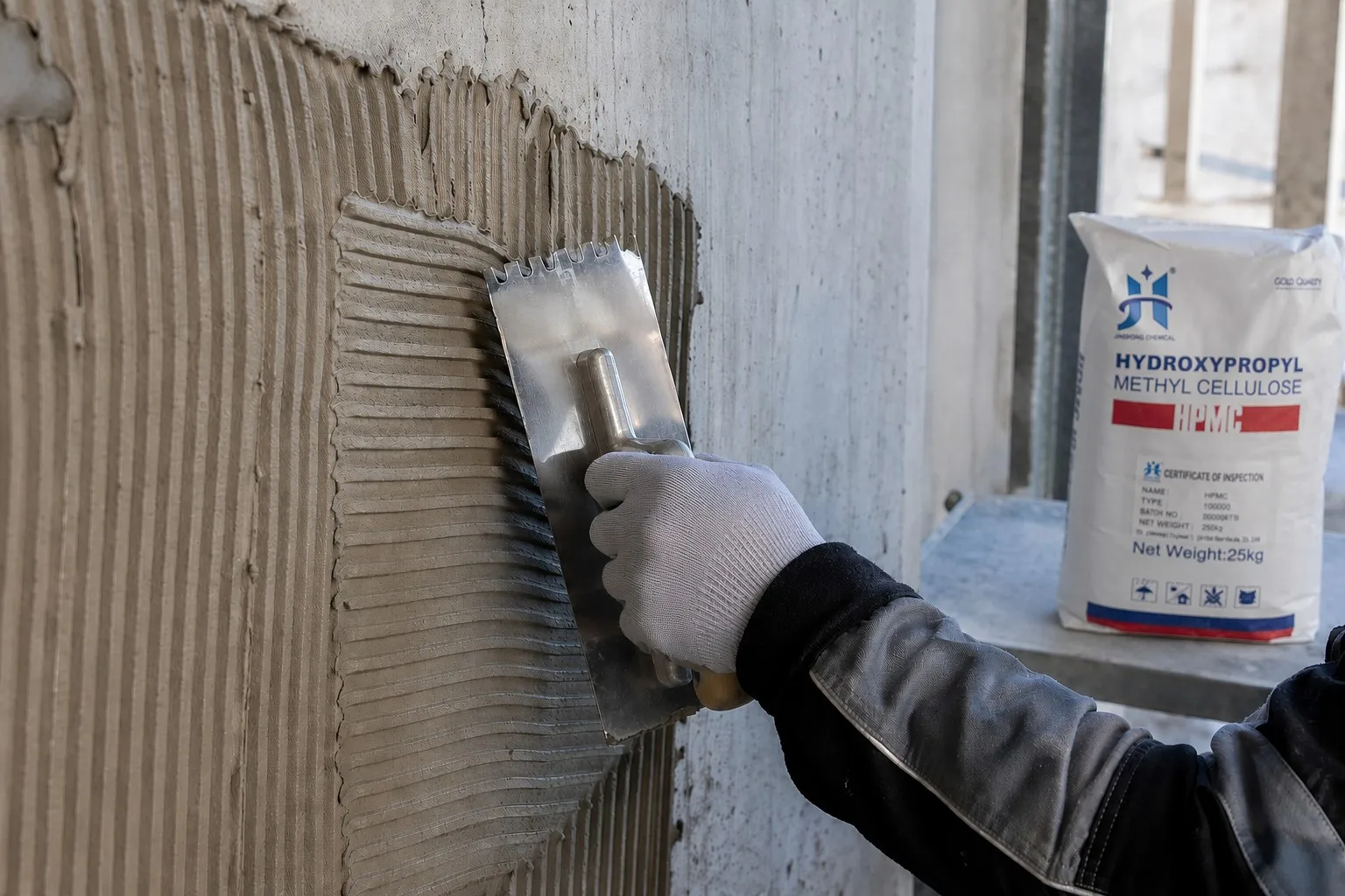 Professional application of HPMC-optimized tile adhesive with Jinghong Chemical HPMC bag on workbench