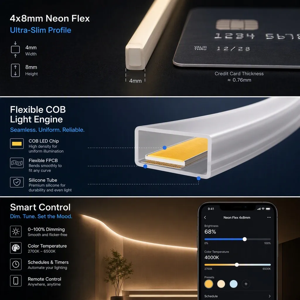 Ultra-Slim 4x8mm Side-Emitting COB LED Neon Flex | Dimmable High-Density Silicone Strip for Precise Furniture Contours thumbnail 5