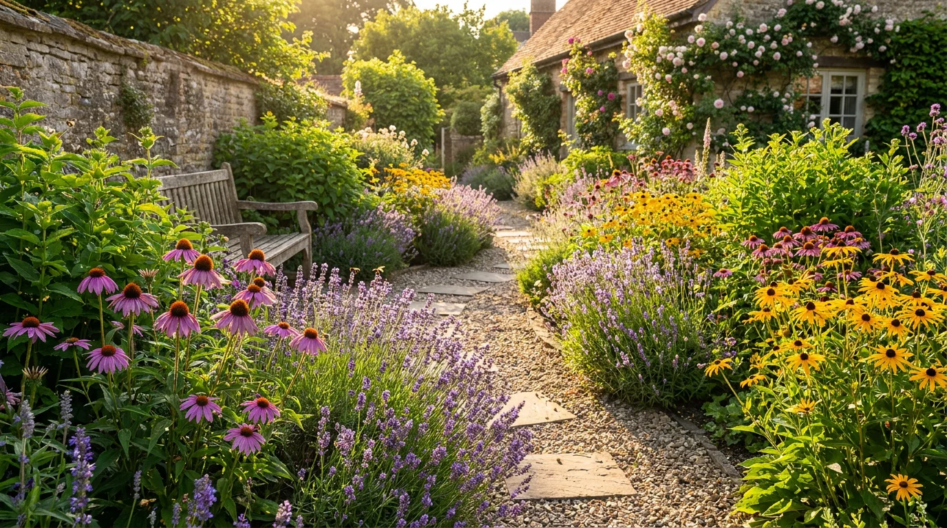 Beautiful summer garden pathway with lavender and echinacea