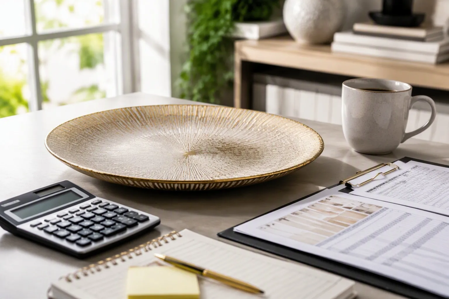 Professional desk scene with decorative charger plate calculator and pricing spreadsheets