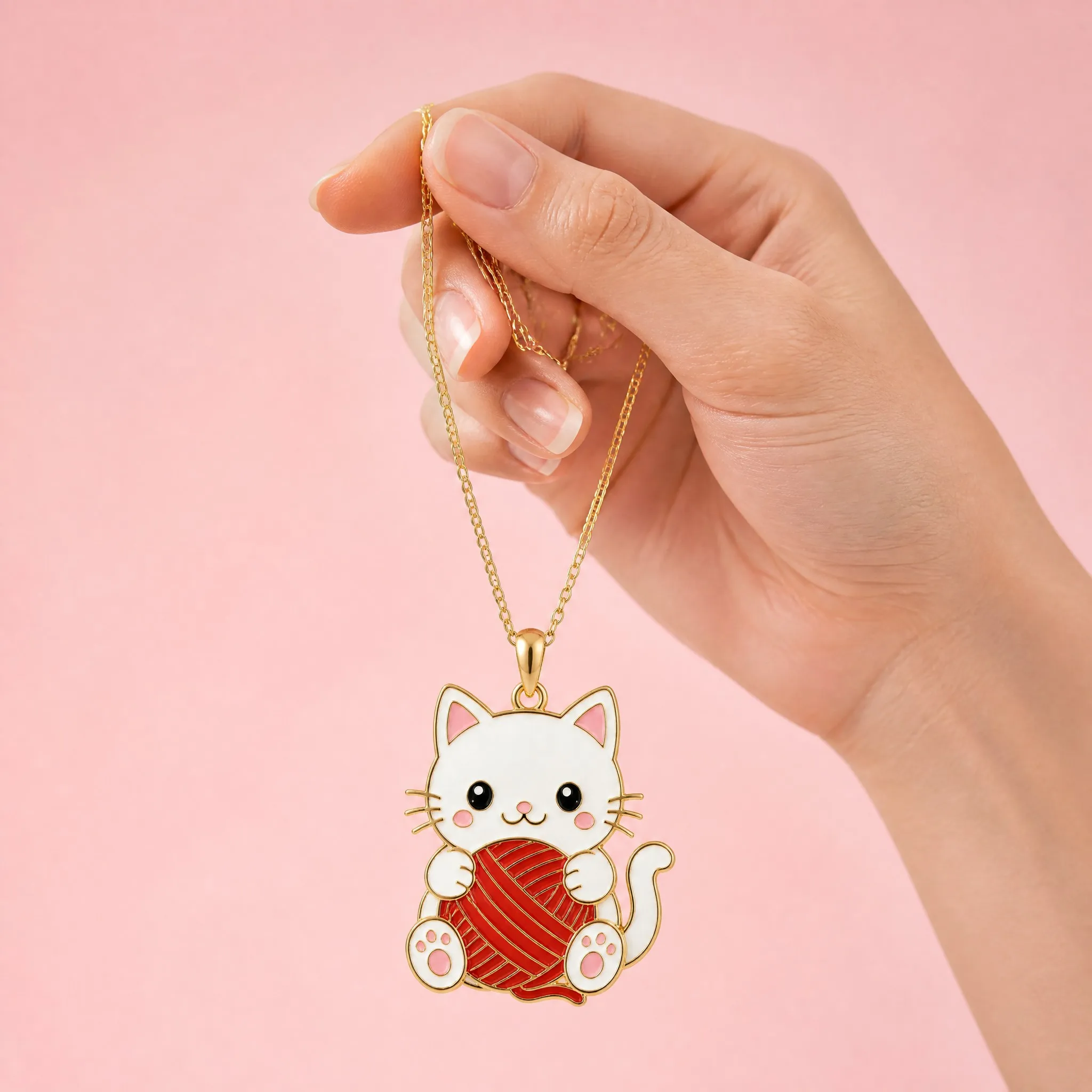 Hand holding the cat pendant necklace with pink background