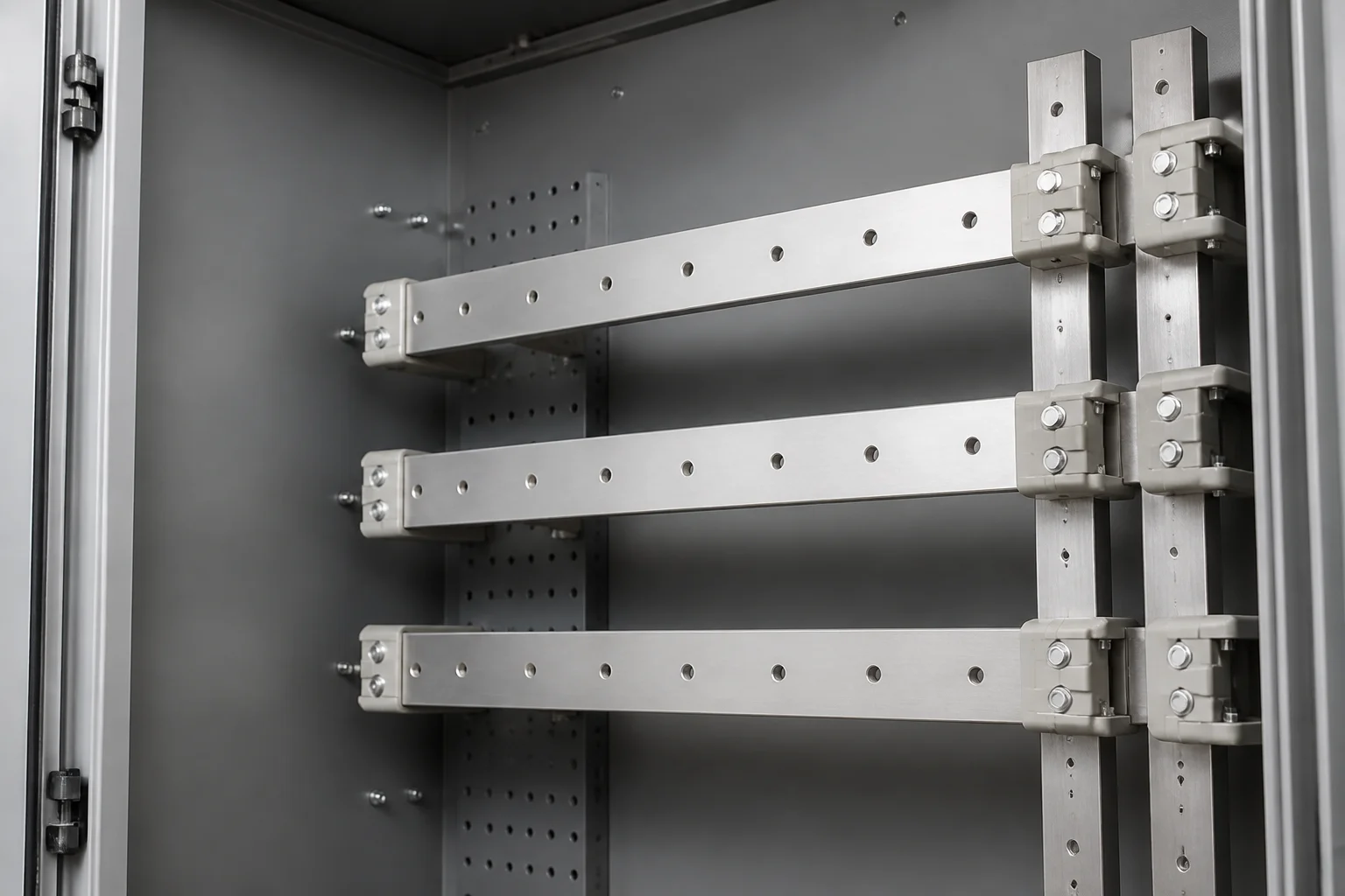 Barras colectoras de aluminio montadas sobre soportes aislantes dentro de un tablero de distribución industrial
