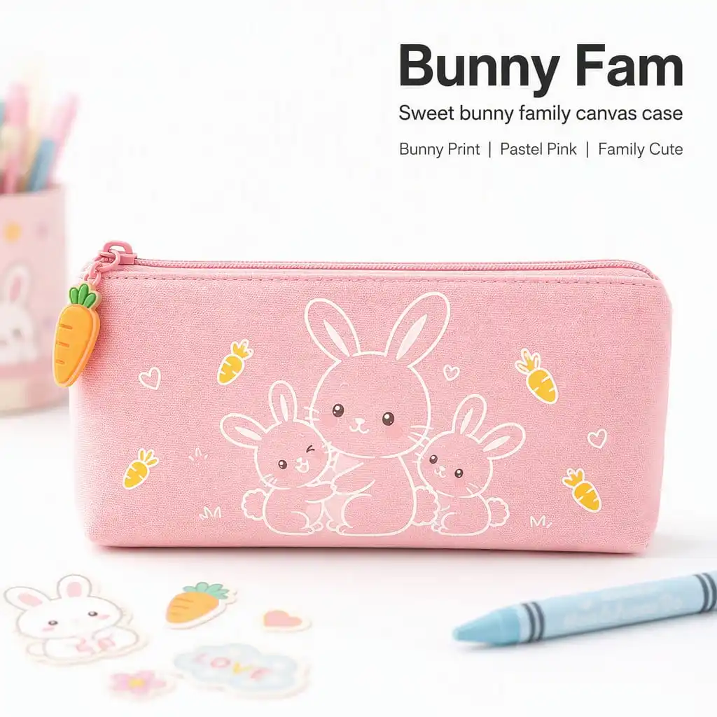 Bunny Fam pink canvas pencil case with carrot charm