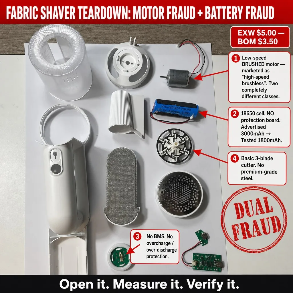 Fabric shaver teardown — brushed motor misrepresentation and battery capacity mislabeling