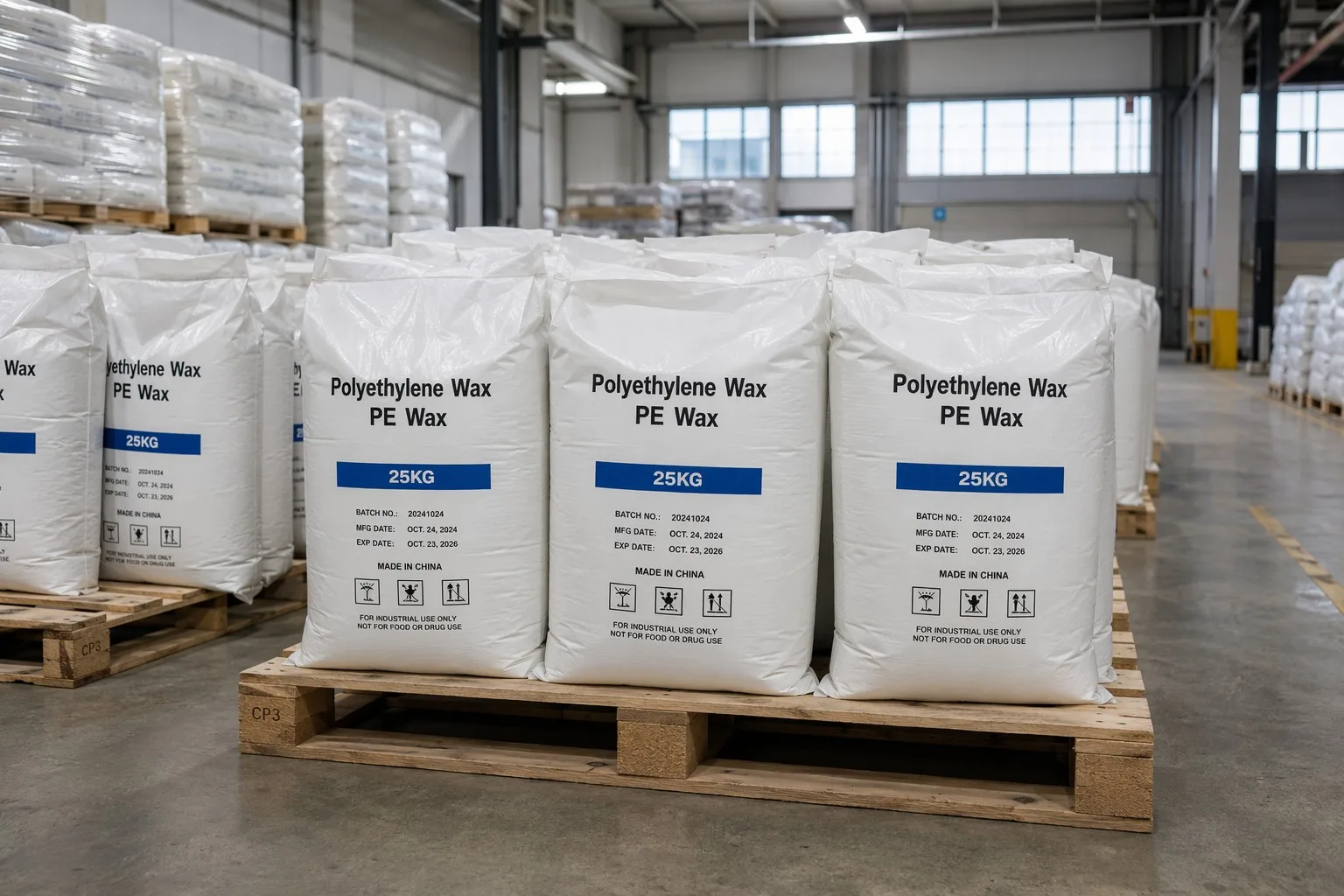 PE Wax 25kg PP woven bags on pallets