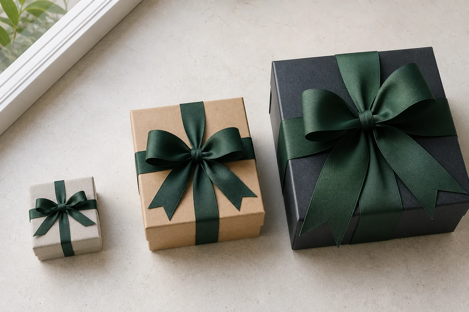 Different gift box sizes each tied with proportionally correct ribbon widths — procurement reference for B2B ribbon width selection