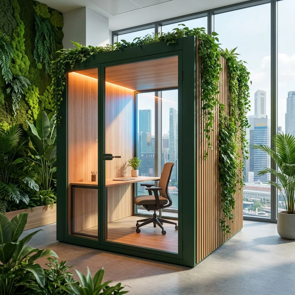Biophilic sanctuary bespoke acoustic pod with forest green finish and smart wellness integration.