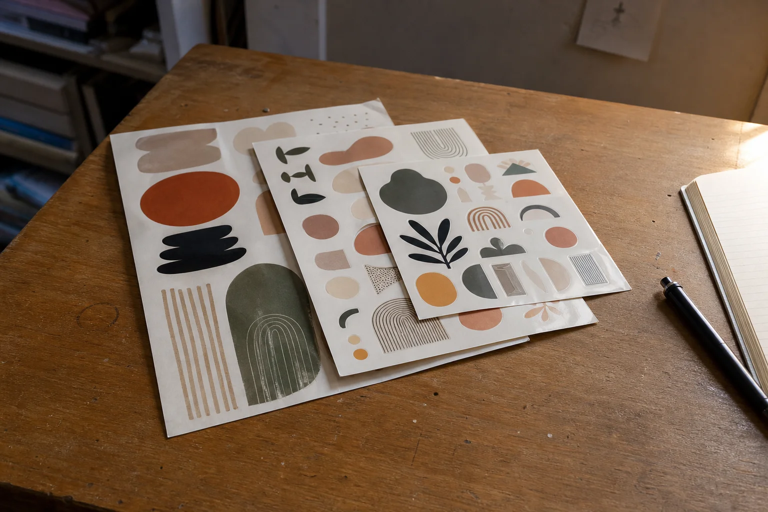 Sticker sheets in different sizes fanned out on a worktable for comparison