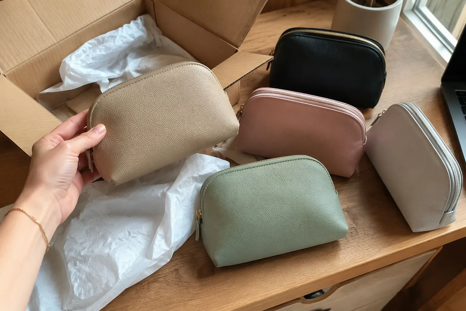 Unpacking a box of unbranded low MOQ cosmetic bag samples on a wooden desk