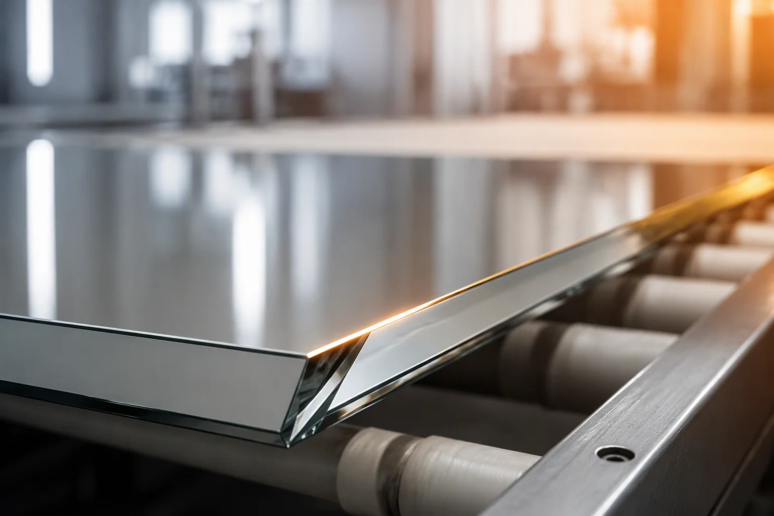 Beveled edge polishing line — in-house edge finishing at a frameless mirror supplier factory